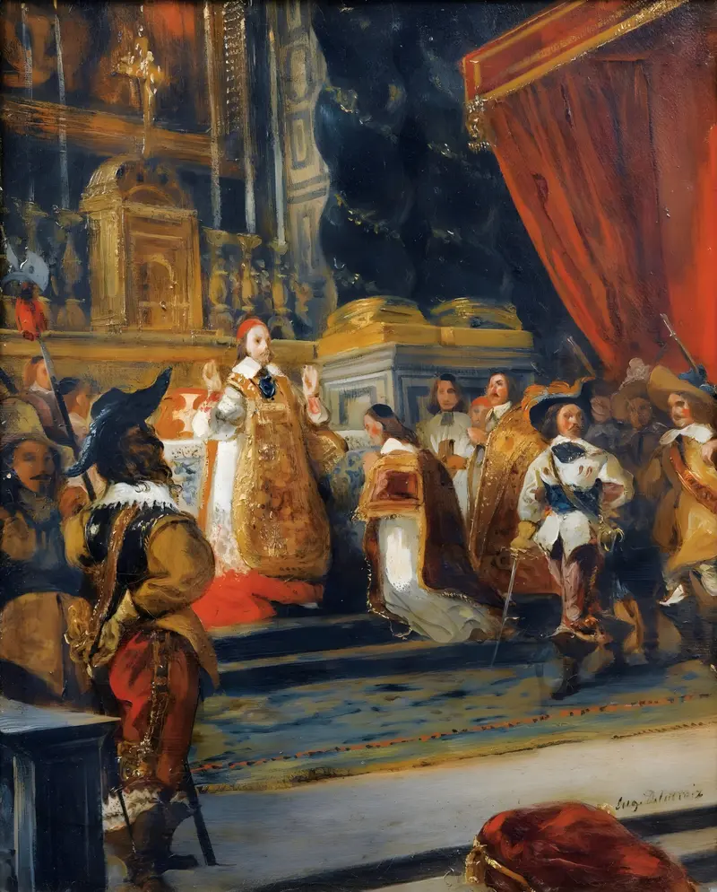 Eugène Delacroix's painting depicts Cardinal Richelieu saying mass in the Palais Royal church.