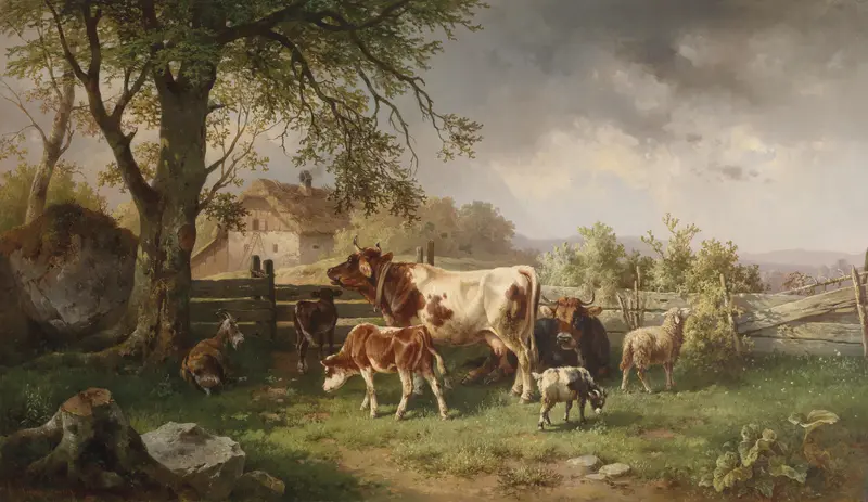 Realism artwork by Edmund Mahlknecht depicting a woman tending to chores on a farm