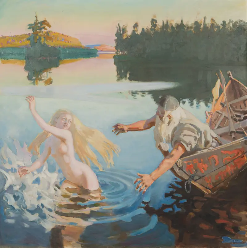 A young woman swims in a northern lake, pursued by an older man in a boat, creating a dramatic tension.