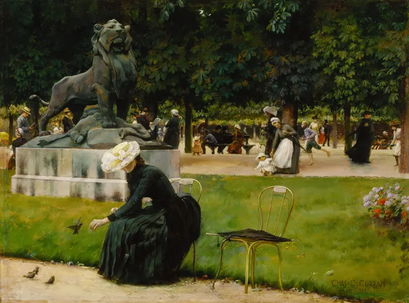 A serene depiction of people enjoying leisure time in a lush garden.