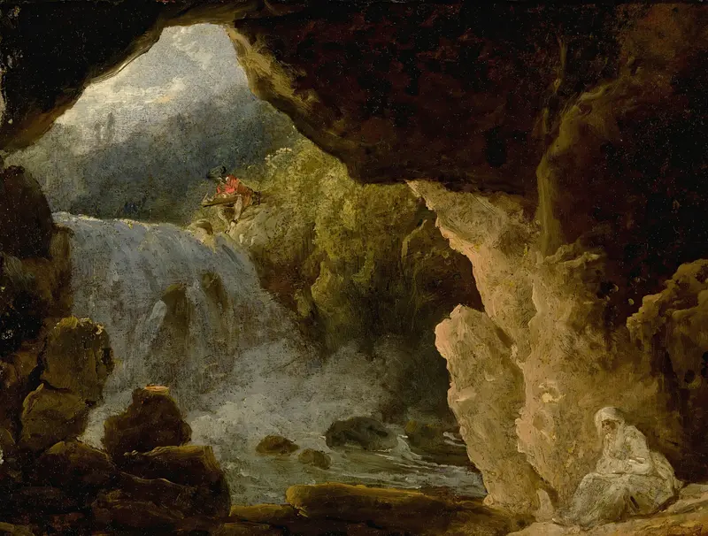 The Cave Of Neptune At Tivoli, Romanticism, French School, landscape with waterfall and rocks