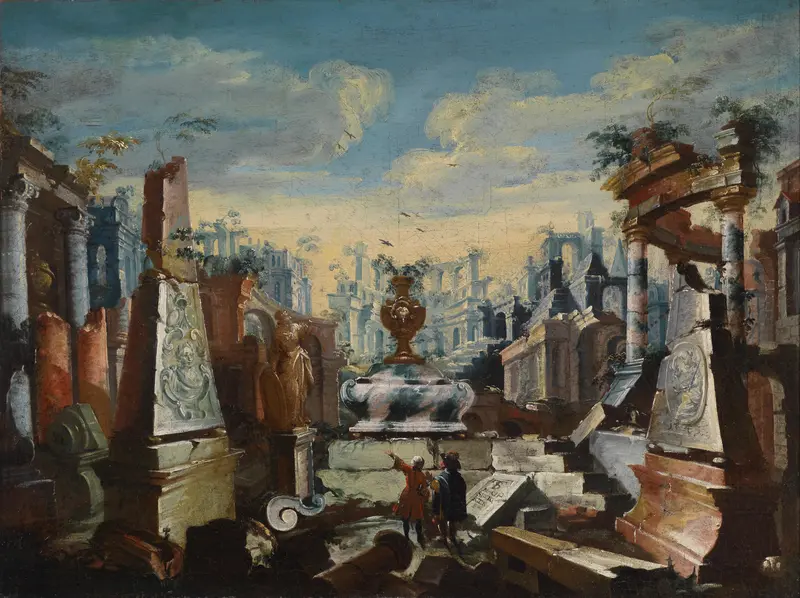 Two men stand before ancient ruins, dwarfed by grand architecture under a golden sky.