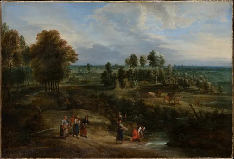 Landscape with Pastures and Clusters of Trees by Lucas van Uden, oil painting depicting a serene river and trees.
