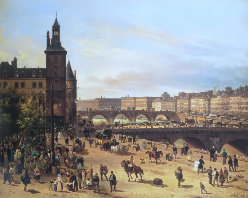 Oil painting by Giuseppe Canella featuring a bustling Parisian market with flowers and architecture.