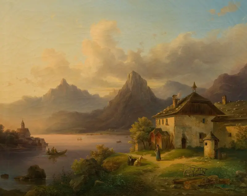 Landschaft mit Bergsee by Edmund Mahlknecht, oil painting of a lake surrounded by mountains and forest.