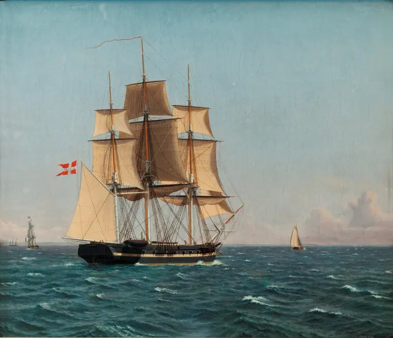 The Corvette Najaden under Sail by Christoffer Wilhelm Eckersberg, oil painting of a ship with sails against the sky.