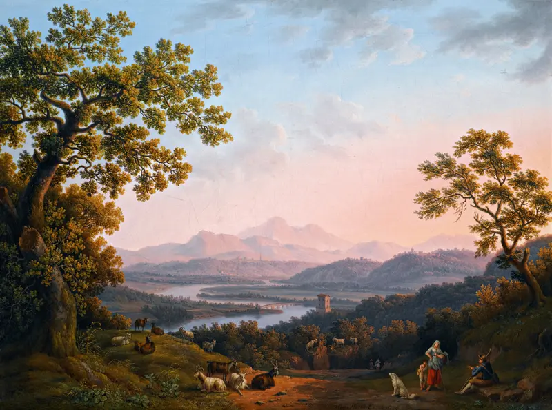 Oil painting by Jacob Philipp Hackert depicting the River Tiber and mountains at sunset.