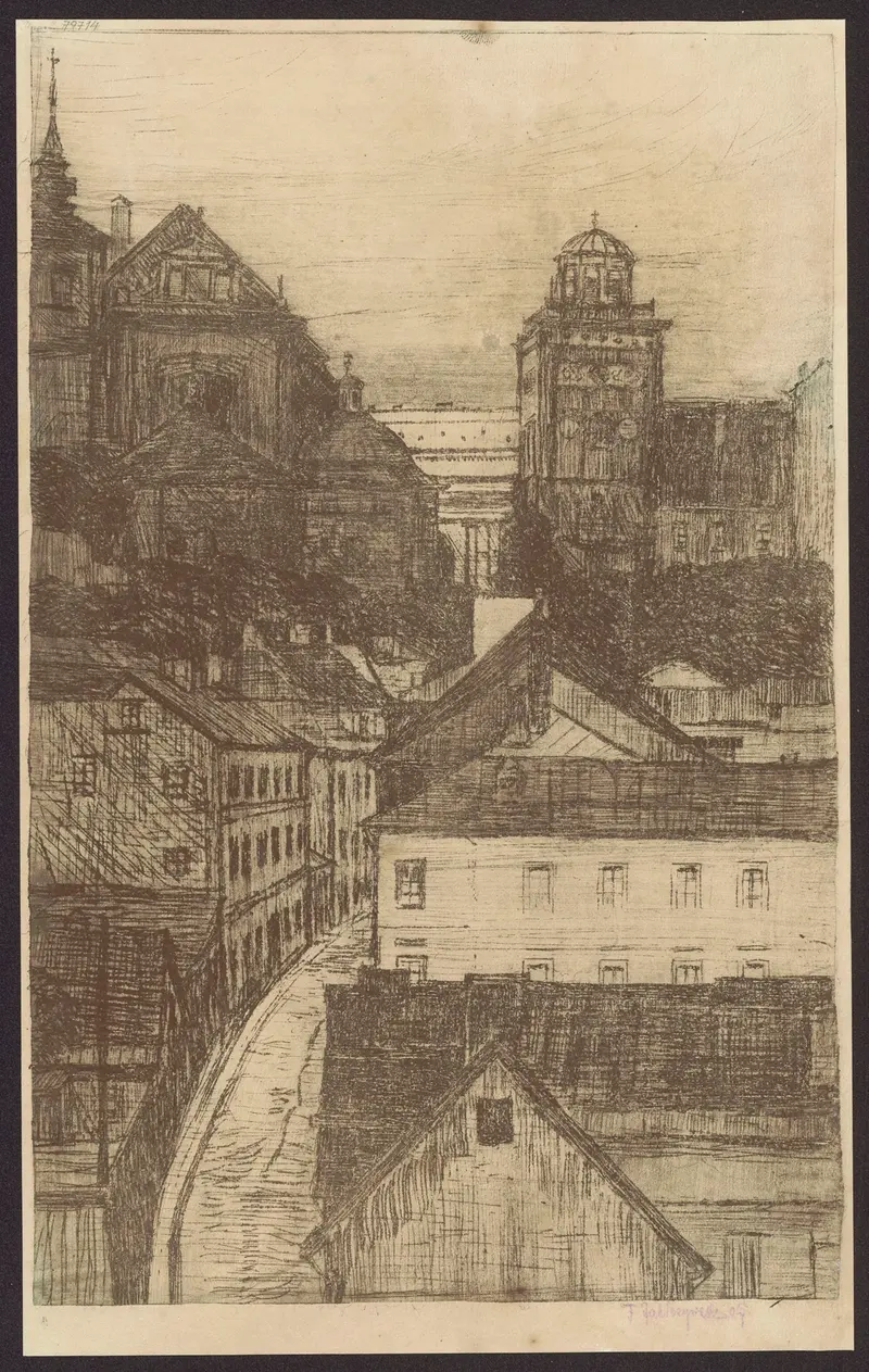 View of Mariensztat Street towards Krakowskie Przedmieście Street, oil on canvas by Feliks Jabłczyński