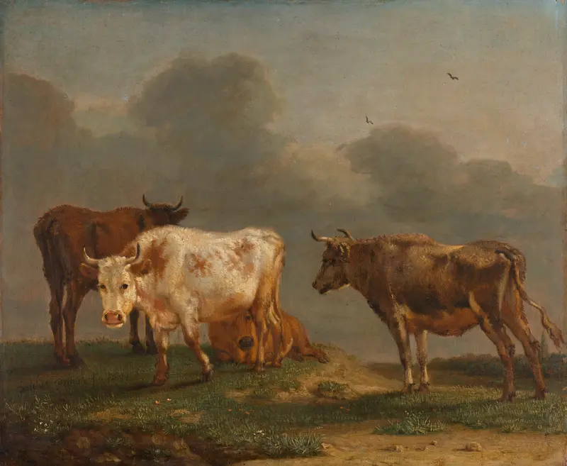 Four young bulls in a meadow, oil on panel by Paulus Potter