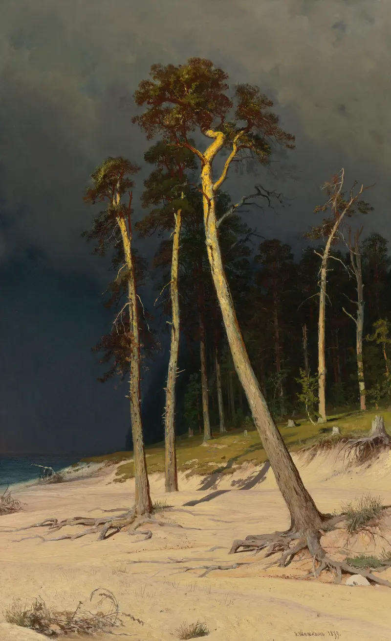 Sandy Coastline by Ivan Ivanovich Shishkin, oil painting of a serene beach scene.