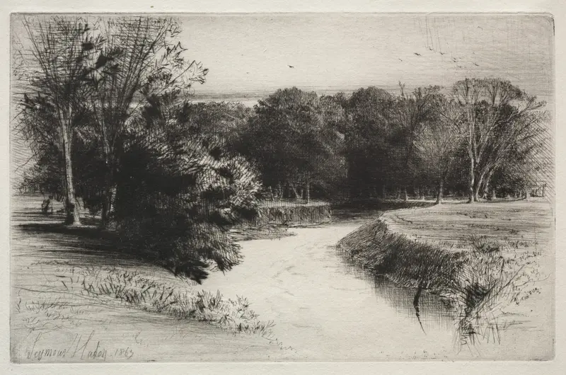 Engraving by Francis Seymour Haden depicting rolling hills and wildflowers at sunset