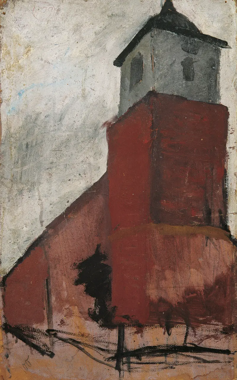 Church in Worpswede by Paula Modersohn-Becker, oil on canvas depicting a rural landscape with a church.
