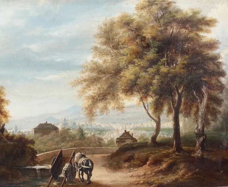 Landscape oil painting by Michele Cesare Danielli featuring hills and a city.
