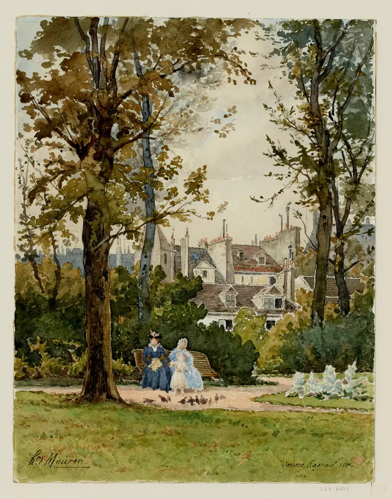Square Raspail by Henri Laurent Mouren, oil on canvas depicting a landscape with trees and shadows.