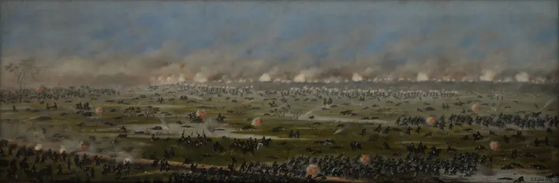 Historical scene with a soldier in a chaotic battlefield, oil painting by Cándido Lopez