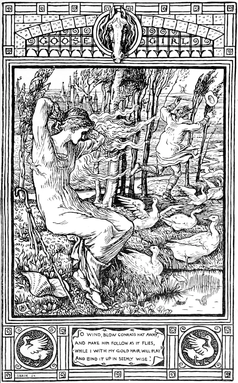 Walter Crane's 'The Goose Girl' depicts a young girl with geese in a pastoral setting.