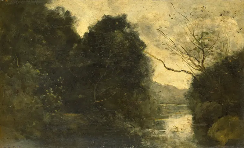 Pond in the Woods by Jean-Baptiste-Camille Corot, oil painting of a serene pond surrounded by trees.