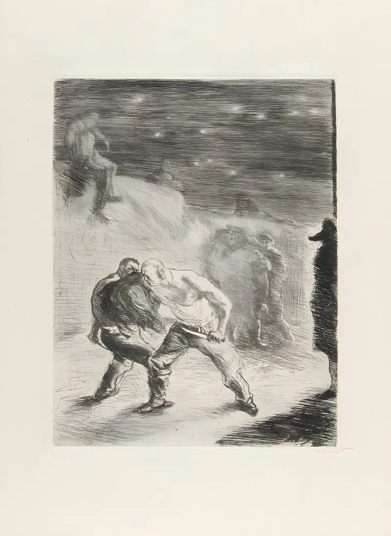 A striking depiction of a duel between two figures in a dynamic setting.