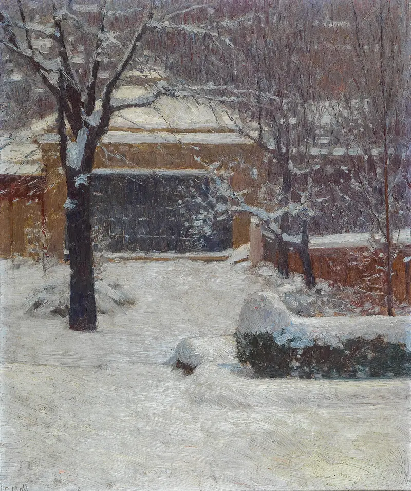 Winter landscape with snow in Rothschild Gardens by Carl Moll, oil on canvas