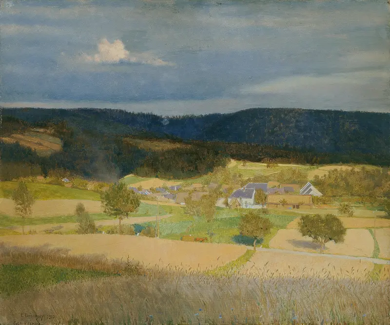 Dorf in der Sonne by Emanuel Baschny, impressionist oil painting of a sunlit village.