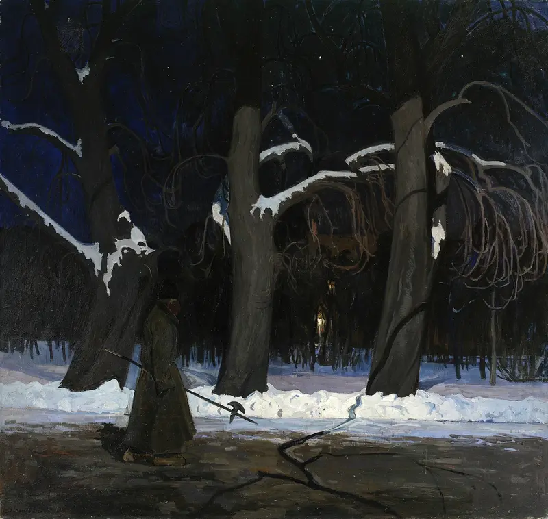 Winter landscape at night with a halberdier, oil on canvas by Henryk Szczygliński