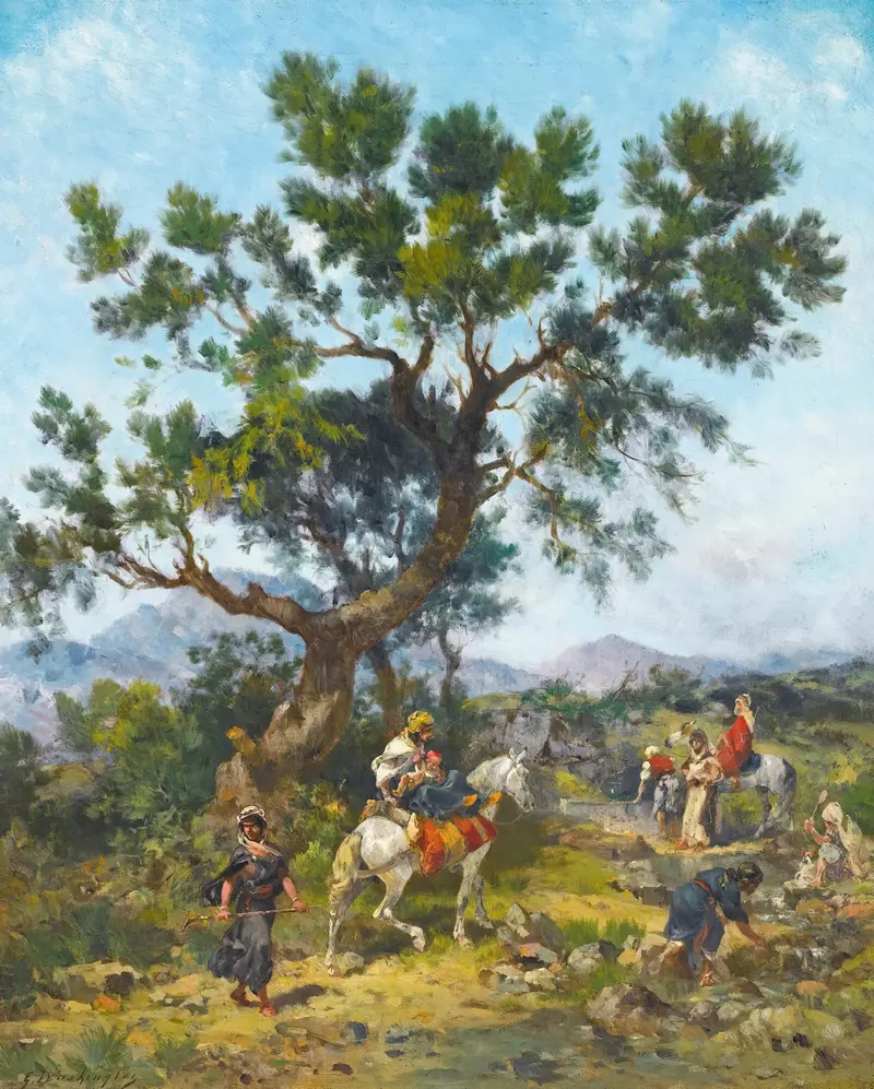 Romanticism landscape featuring horses in a forest by Georges Washington