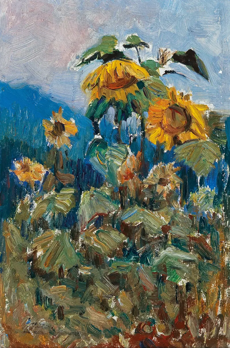 A vibrant study of sunflowers by Marie Egner, showcasing her unique approach to botanical art.