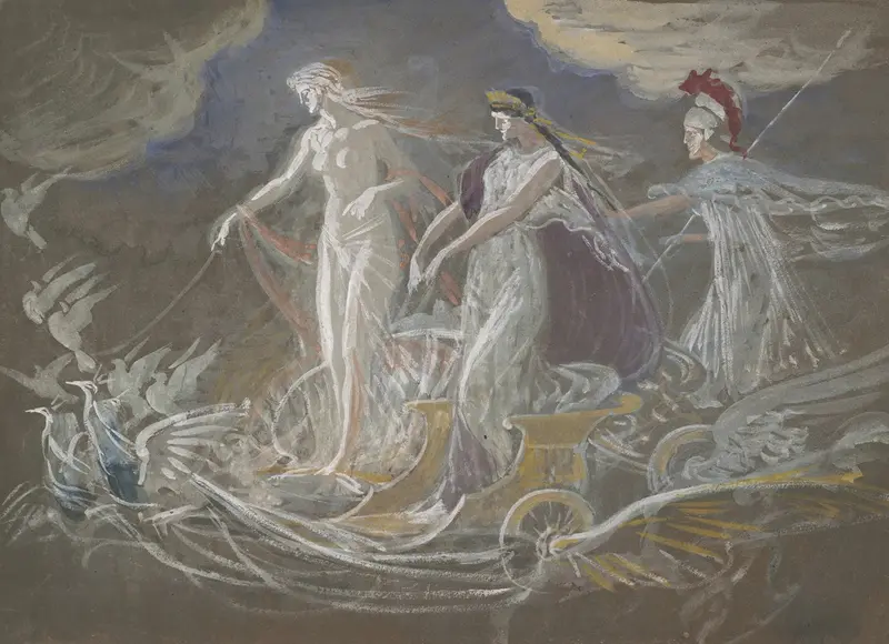 Walter Crane's 'Three Goddesses' features allegorical figures in a vibrant composition.