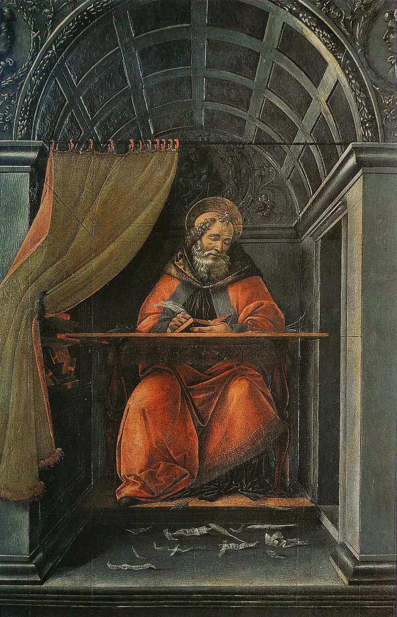 Saint Augustine sits in contemplation surrounded by books and writing tools.