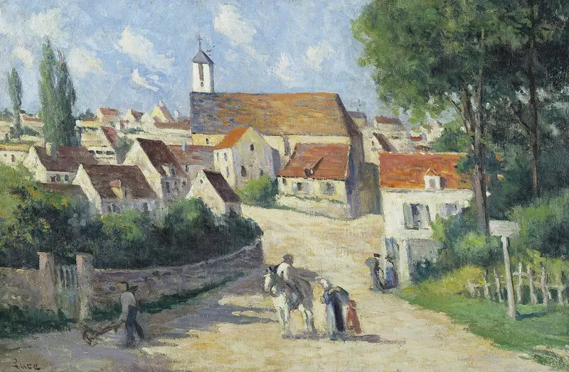 Village street with cobblestone path, oil painting by Maximilien Luce