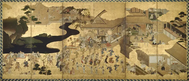 Genre Scenes (Fūzoku) by Unknown Artist, silver medium depicting figures in everyday life.