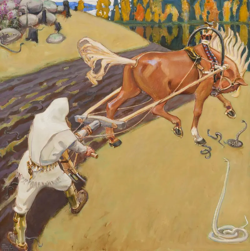 A man in white ploughs a field filled with writhing vipers, with a horse recoiling in tension against the backdrop of autumn trees.