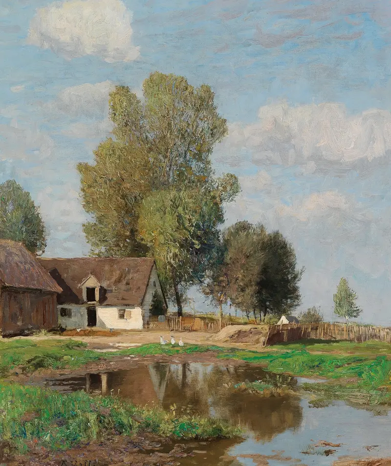 Ländliche Idylle by Alfred Zoff, oil painting of a vibrant landscape with emerald fields and golden light.