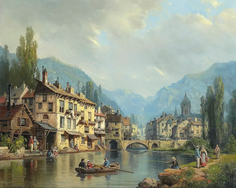 An Alpine Town In Spring by Charles Euphrasie Kuwasseg, oil on canvas depicting a tranquil village in the mountains.