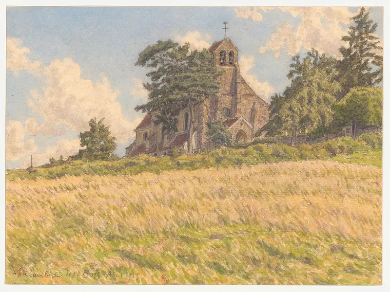 Landscape by Henri Rivière, depicting a barn and trees in soft light, Impressionism