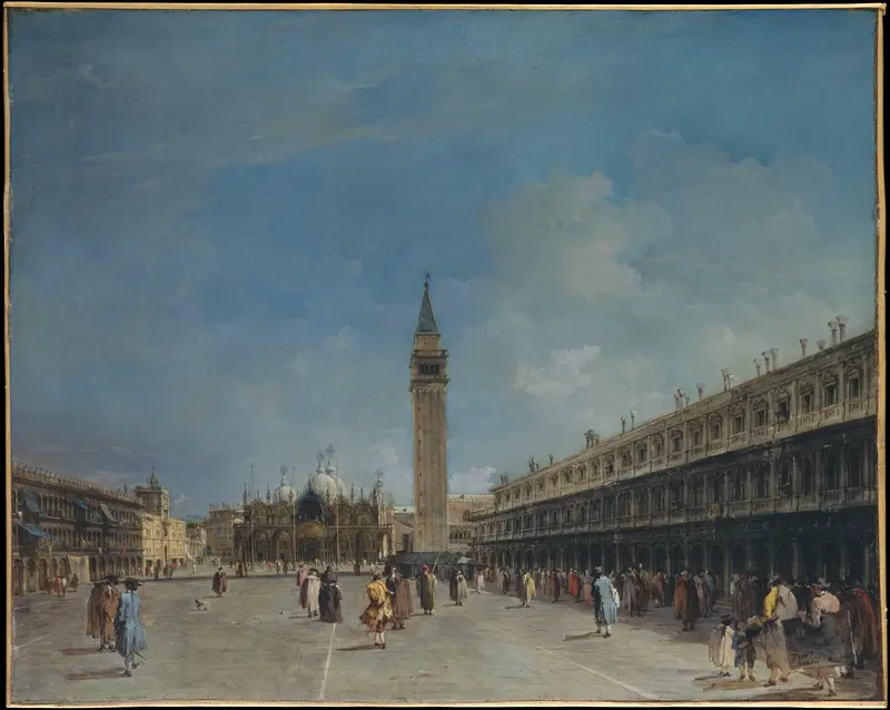 Piazza San Marco by Francesco Guardi, oil on canvas, depicting reflections and architecture in Venice
