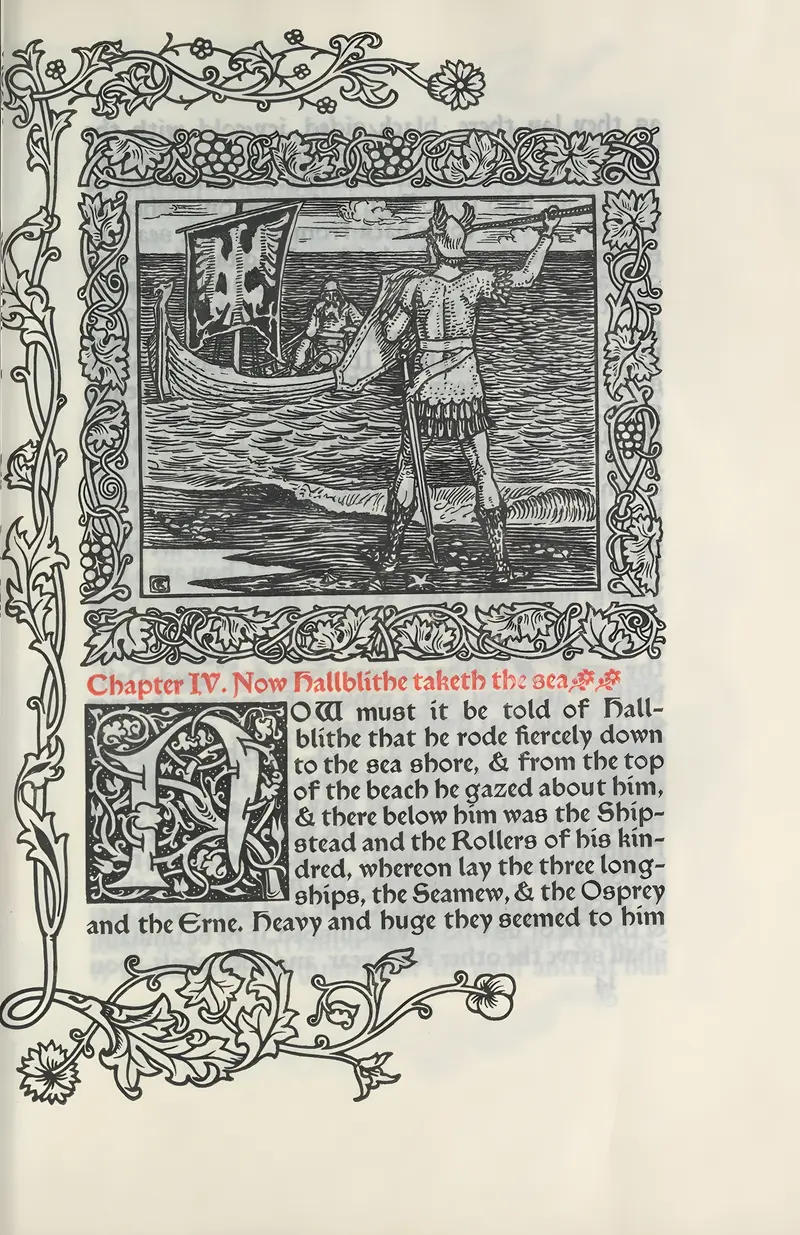 Walter Crane's painting depicts Hallblithe taking to the sea in a vibrant marine setting.