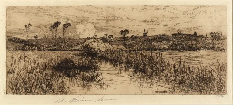 Watercolour by Mary Nimmo Moran depicting a tranquil riverbank with foliage and reflections