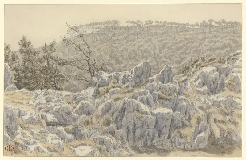 Coastal landscape in watercolor by Henri Rivière, featuring a melancholic atmosphere.
