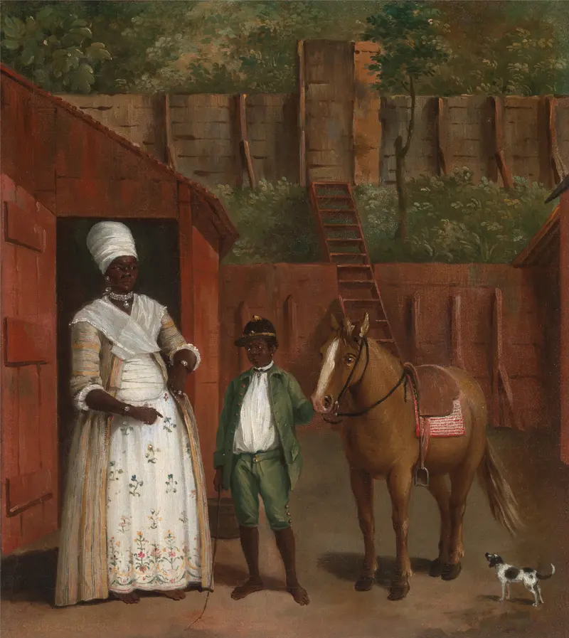 A poised woman in a white headwrap and apron stands with a boy in a green suit beside a small brown pony.