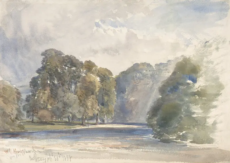 Watercolour by William Callow depicting the Wharfe river landscape with reflections.