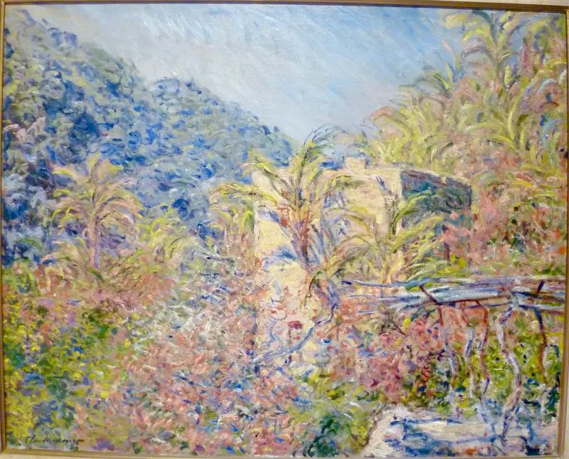 A vibrant Impressionist painting depicting a sunlit valley with olive trees and rocky terrain.