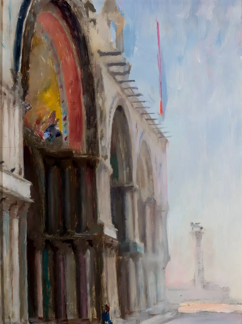Venice – San Marco oil painting by Jan Ciągliński depicting a cityscape with basilica and golden light.