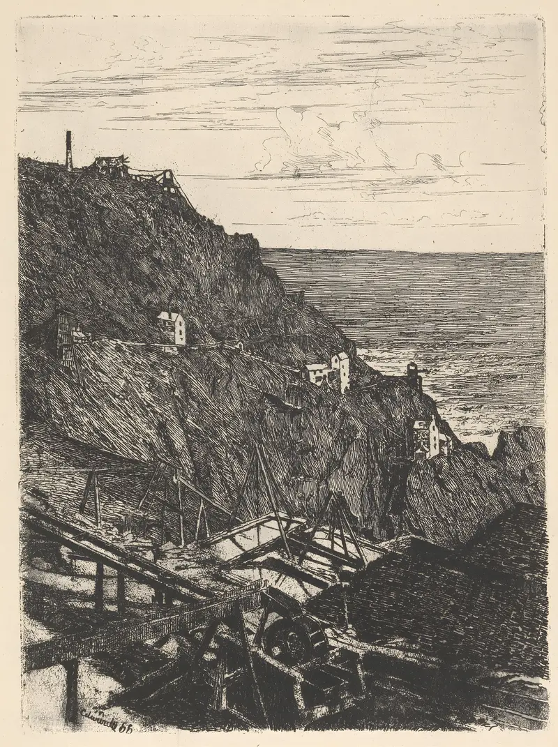 Mines de Botallack by Edwin Edwards, oil on canvas depicting a haunting landscape of memory and grief.