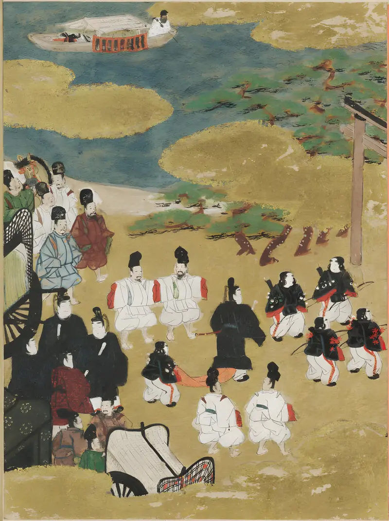 The Pilgrimage to Sumiyoshi, gold illustration by Tosa Mitsunobu