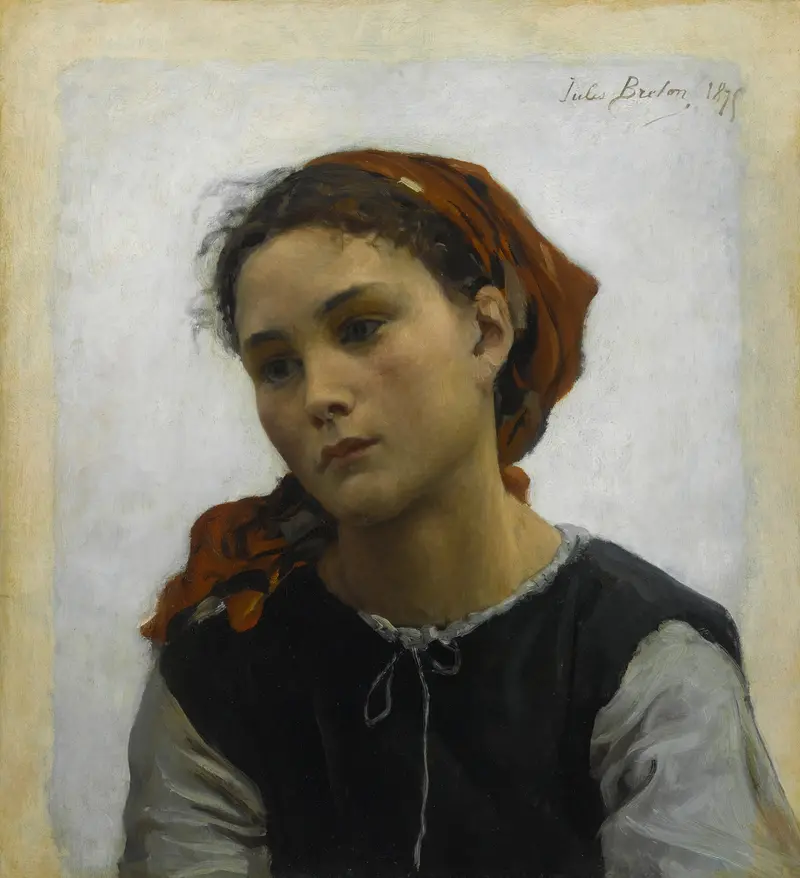 A captivating painting by Jules Breton depicting a serene rural scene.