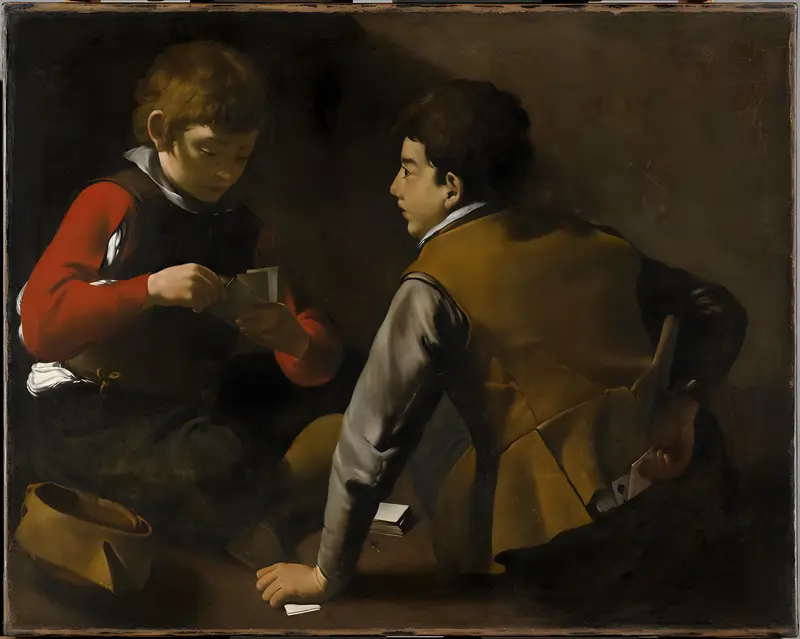 Two boys seated at a small table play cards, one facing forward in red sleeves and the other turned away in a yellow-brown doublet, with a tan hat on the ground.