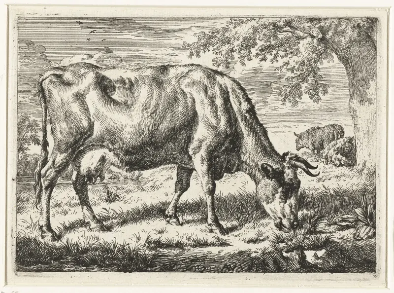 Etching by Adriaen van de Velde featuring a cow and two sheep in a tranquil landscape.