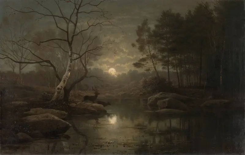 Forest landscape illuminated by moonlight, oil painting by Georg Eduard Otto Saal