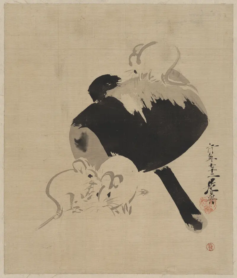 Daikoku's Hammer and Three Mice by Shibata Zeshin, ink on silk, featuring Daikoku and three mice.